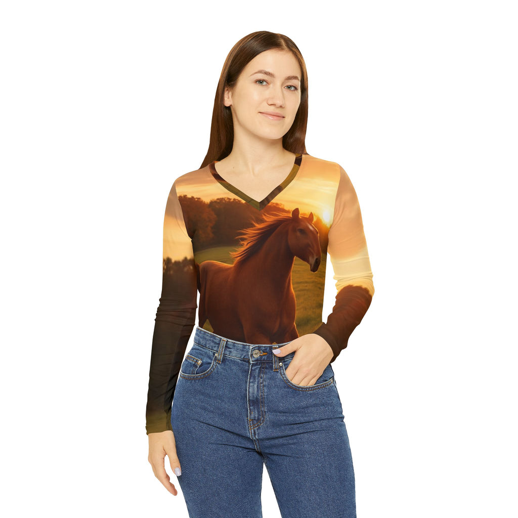 Women's Long Sleeve Horse V-neck Shirt